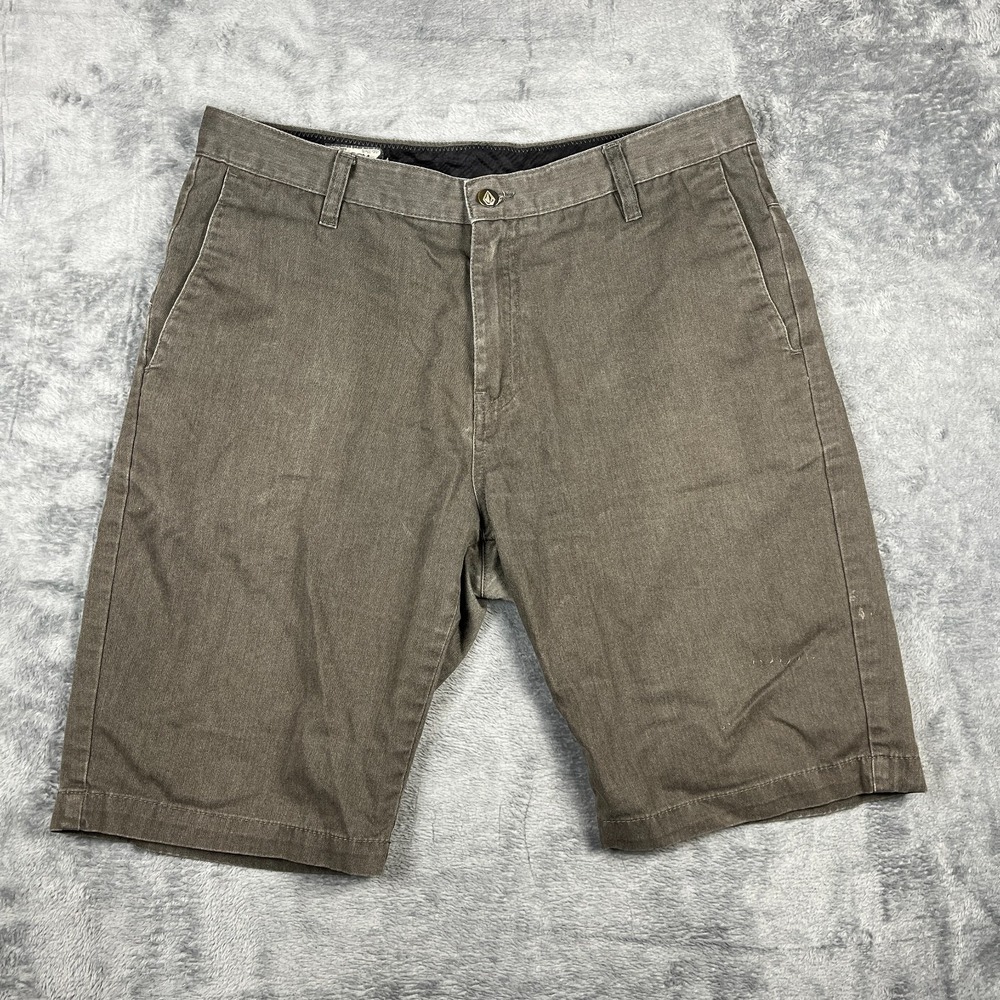 Volcom Corpo Class Chino Shorts Mens 33 Green Logo Flat Front Casual Travel